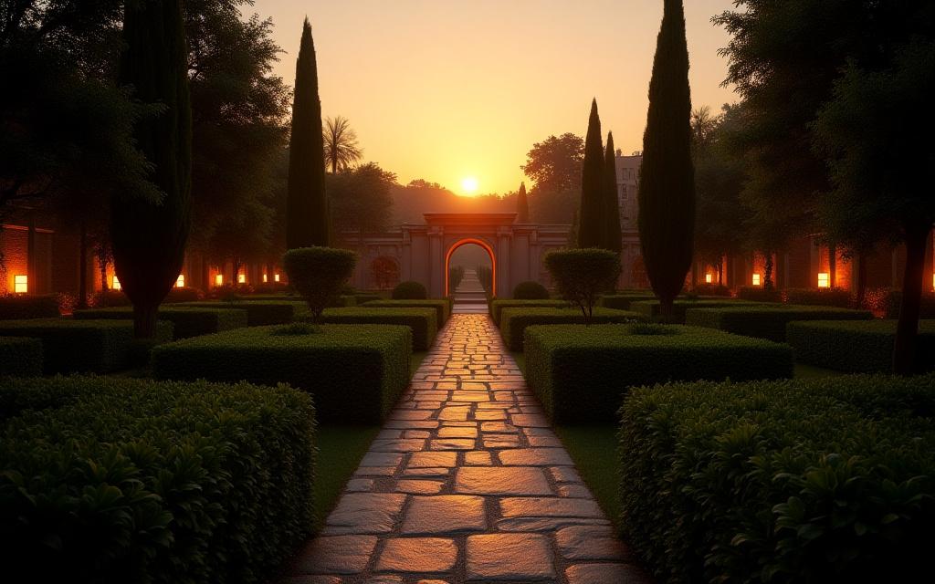 Un lussureggiante giardino romano al tramonto, con luci soffuse che illuminano un sentiero in pietra.
