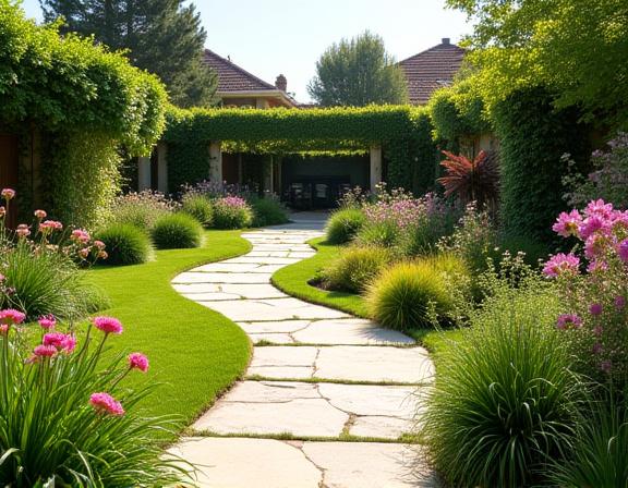 Il giardino trasformato con percorsi, aiuole fiorite e un'area giochi.