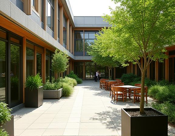 Lo stesso cortile con sedute, piante in vaso di grandi dimensioni e percorsi verdi.