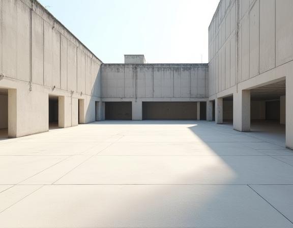 Un cortile in cemento anonimo e inutilizzato.