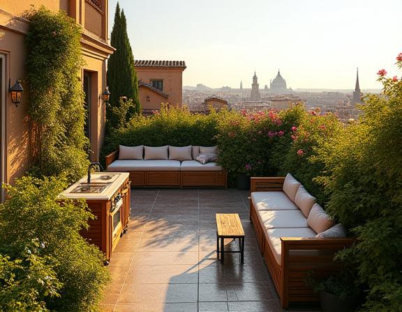 La stessa terrazza dopo la trasformazione in un rigoglioso giardino pensile.