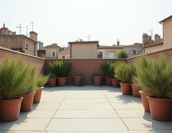 Una terrazza spoglia a Roma prima dell'intervento di Crepuscolo Verde.