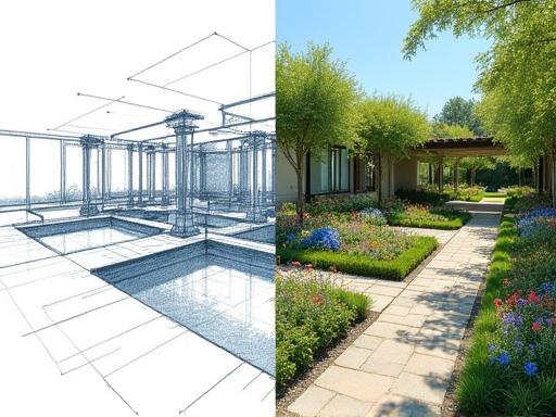 Schizzo di un progetto di giardino complesso affiancato a una foto del giardino realizzato.