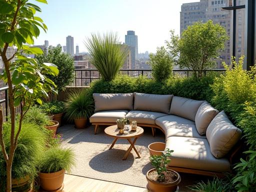 Una terrazza urbana trasformata in un rigoglioso giardino pensile con area salotto.