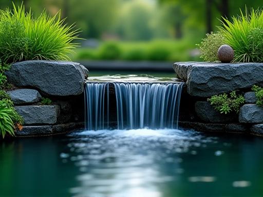 Una piccola cascata moderna in pietra scura che scorre in uno stagno circondato da vegetazione.