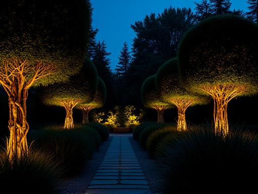 Un giardino di notte con un sofisticato sistema di illuminazione a LED che evidenzia alberi e percorsi.