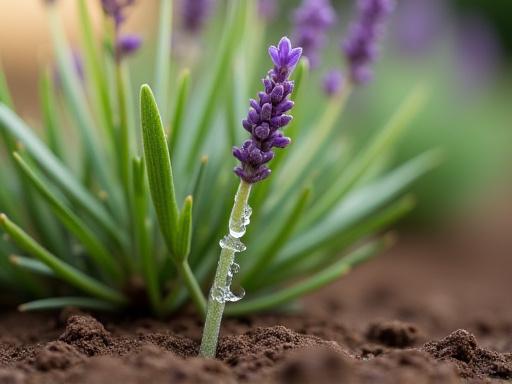 Un irrigatore a goccia che annaffia delicatamente la base di una pianta di lavanda.